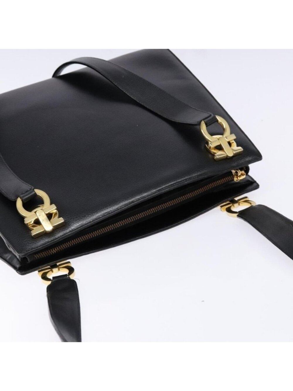 Authentic Salvatore Ferragamo Gancini Shoulder Bag Leather Black Gold - Picture 13 of 16